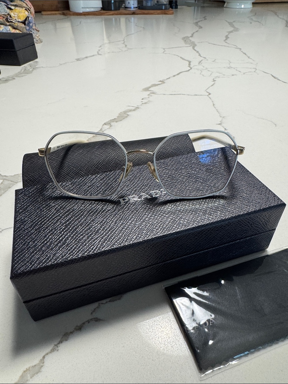 Prada Women’s hexagon gold metal with retro crème Frame Eyeglasses- STUNNING!